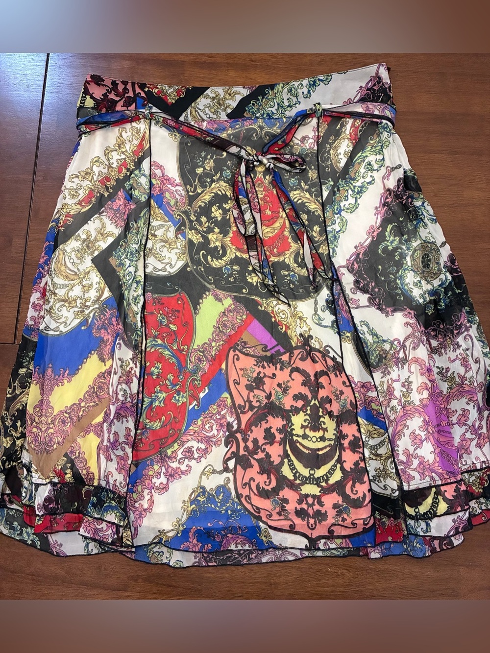 Baroque-Print Multicolor Circle Skirt with Self-Tie Waist
